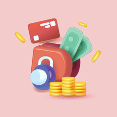 Open red wallet with coins,credit cards floating Payment money transfer wallet cartoon minimal, saving, cashback. 3d vector