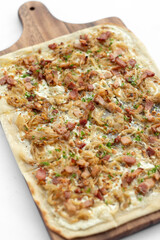 Flammkuchen tarte flambee rectangular pizza  with bacon and chicken