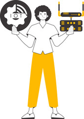 A man holds the internet of things logo in his hands. Linear trendy style. Isolated. Vector.
