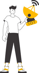 A man holds the internet of things logo in his hands. Linear modern style. Isolated. Vector illustration.