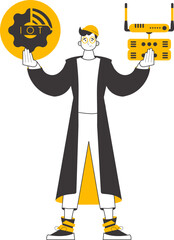 A man holds the internet of things logo in his hands. Lineart style. Isolated. Vector.