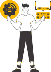 A man holds the internet of things logo in his hands. Lineart style. Isolated on white background. Vector illustration.