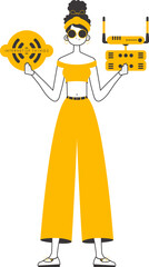 Woman Holding the IOT logo in her hands. Linear trendy style. Isolated. Vector.