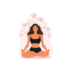 Fototapeta na wymiar Girl doing yoga, Yoga pose of female characters. Meditation exercises in the lotus position. Vector illustration.