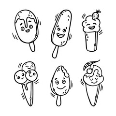 Kawaii Ice Cream outline doodle cartoon set Vector Illustration. Funny Character faces with different cheerful emotions for the Coloring page