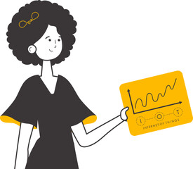 The girl is holding the IOT logo in her hands. Lineart style. Isolated on white background. Vector.