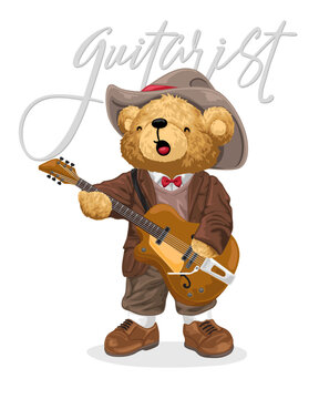 Hand drawn teddy bear cartoon playing guitar