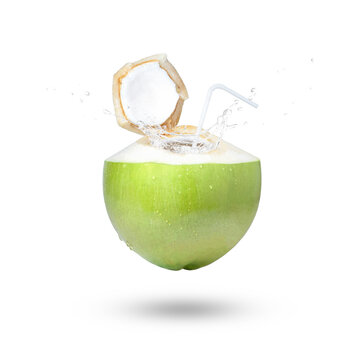 Coconut water splash (Coconut juice) with drinking straw isolated on white background.