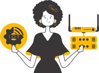 The girl is holding the internet of things logo in her hands. Linear trendy style. Isolated on white background. Vector.