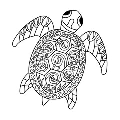 Sea Turtle coloring page for adult. Underwater animals coloring book. Hand drawn vector illustration.