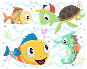 Obraz na płótnie Canvas Set of hand drawn funny marine animals cartoon with colorful ornaments