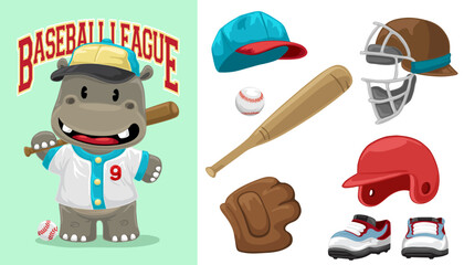 Hand drawn funny hippo cartoon in baseball uniform with baseball equipment