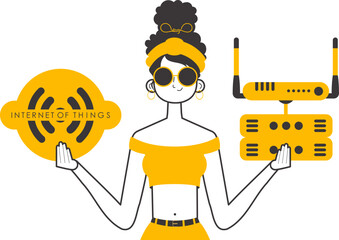 The girl is holding the internet of things logo in her hands. Linear modern style. Isolated. Vector.