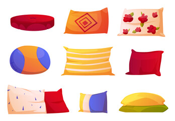 Cute soft pillows for bed and sofa. Square and rectangular cushions for sleep, rest and bedroom decoration. Comfy color decorative pillows isolated on white background, vector cartoon set