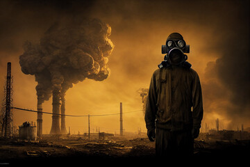 Post apocalyptic survivor in gas mask. Environmental disaster, armageddon concept.