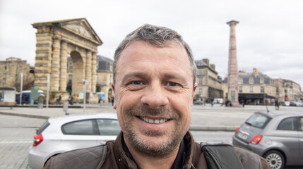 Outdoor portrait of happy middle aged white man in tourism bordeaux city