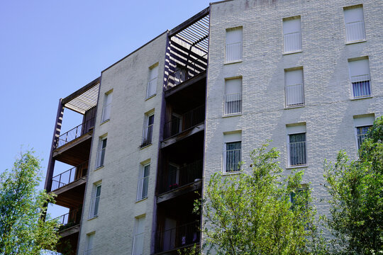 New Modern Facade White Apartment Building Exterior Balcony Architecture In Blue Summer Sky