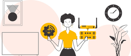 A woman holds the internet of things logo in her hands. Lineart style. Vector illustration.