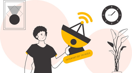A man holds the internet of things logo in his hands. Lineart style. Vector illustration.