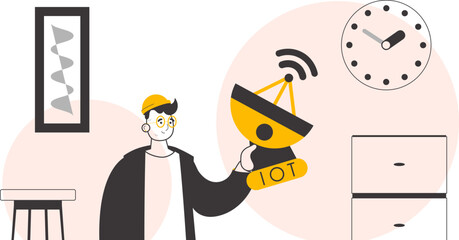A man holds the internet of things logo in his hands. Lineart style. Vector.