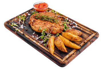 Grilled steak with baked potatoes on wood