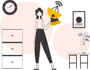 Girl Holding the IOT logo in her hands. Lineart style. Vector.