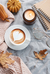 Obraz na płótnie Canvas Fall flat lay with coffee and autumn decor