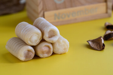 Huesos de Santo, Spanish  sweet  are a tube of marzipan filled with a egg yolks cream  or chocolate...