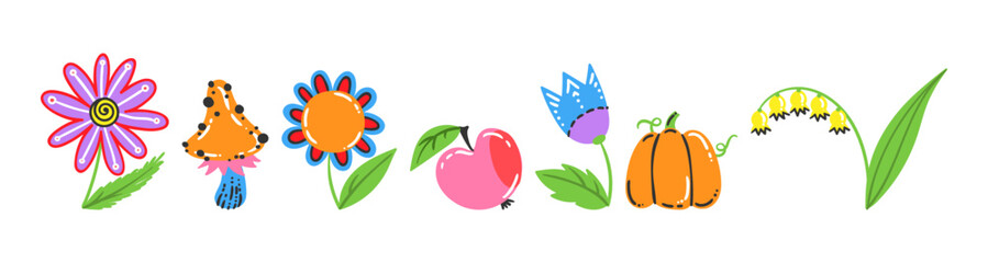 Set of retro style flowers, plants in bright, pretty Spring colors. Cute summer garden and nature elements for girls, isolated on white, Easter, Mothers Day