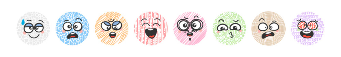Various Cartoon Emoticons on Doodle Backgrounds. Doodle faces, eyes and mouth. Caricature comic expressive emotions, smiling, crying and surprised character face expressions