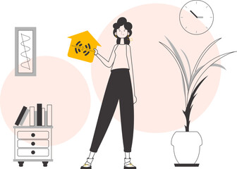 The girl is holding the internet of things logo in her hands. Linear style. Vector.