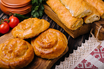 austrian dessert apple strudel on wooden board