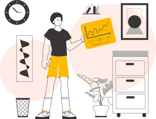 The boy is holding the internet of things logo in his hands. Linear trendy style. Vector illustration.