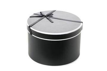 Black, round gift box isolated on white background