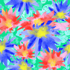 Watercolor red and blue flowers seamless floral pattern