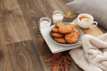 Concept of Hygge, warm and cozy composition, space for text