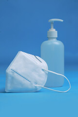 medical masks and antiseptic bottles for protection from pandemics germs and viruses
