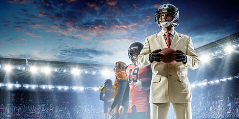 Businessman acting as american football players