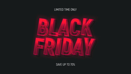 Black Friday Sale banner template. Realistic 3d neon signboard. Black Friday neon lettering for decoration of discount event. Vector illustration for decoration of sale banners, posters, flyers.