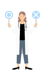 白衣の女性医師がマルバツ棒を持つ・答え合わせのポーズ