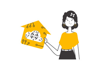 The girl is holding the IOT logo in her hands. Lineart style. 