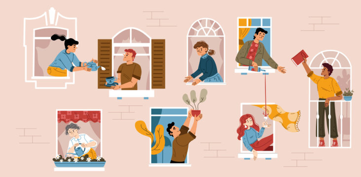 Good neighborhood community with people in house windows sharing things and drinks. Diverse characters give book, houseplant, sharing wine and tea, vector flat illustration
