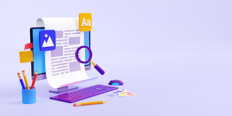 Creative copywriting, seo editing of commercial text in blog or web media. Banner with computer, paper page, magnifier, pencils and copy space, 3d render illustration - obrazy, fototapety, plakaty