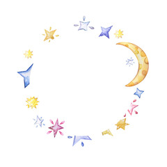 Watercolor moon and stars. Watercolour circle frame with crescent for kids cards.