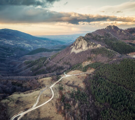 Aerial view of Rhodope Mountains near Thracian sanctuary Belintash, Bulgaria