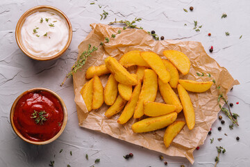 Baked fried potatoes with red and white sauces