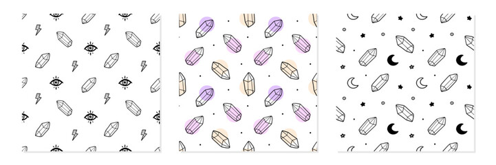 Set, collection of three vector seamless pattern backgrounds with magic crystals, gems and for witchcraft, energy healing design.
