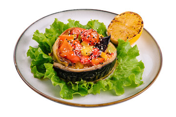 Baked mackerel with sesame and lemon and vegetables