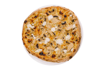 Pizza with chicken and mushrooms on plate