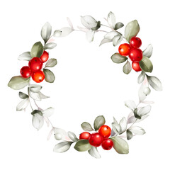 Christmas wreath with branches and berries in a watercolor style